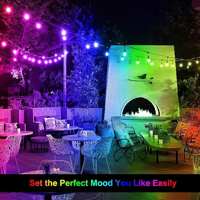 Mlambert 48FT Outdoor Patio Lights Waterproof Dimmable with Remote, RGB Cafe LED String Light with 15 Shatterproof Bulbs for Bistro Party-Black 1 Pack