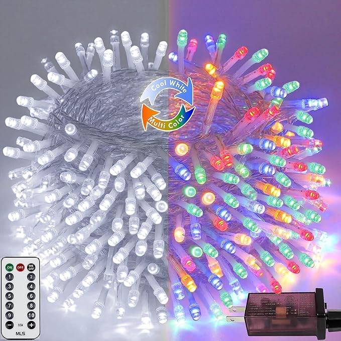 Cool White to Multicolor Color Changing 200 LED 66FT Connectable Christmas String Lights for Outdoor Indoor, 11 Modes Christmas Tree Clear Wire Fairy Waterproof Lights with Memory & Remote & Timer