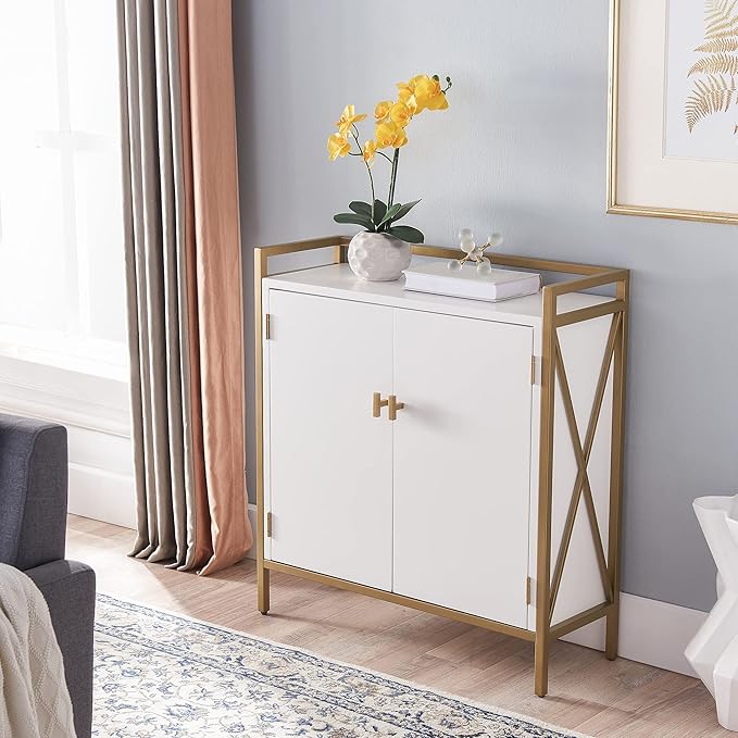 Leick Home 9200-WTGL Claudette Mixed Metal and Wood Foyer Hall Cabinet, White/gold
