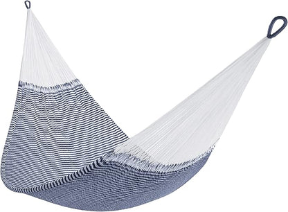Handwoven Hammock by Yellow Leaf Hammocks - Double Size, Fits 1-2 PPL, 400lb max - Weathersafe, Super Strong, Easy to Hang, Ultra Soft, Artisan Made - Color: Stripe Navy Blue - White