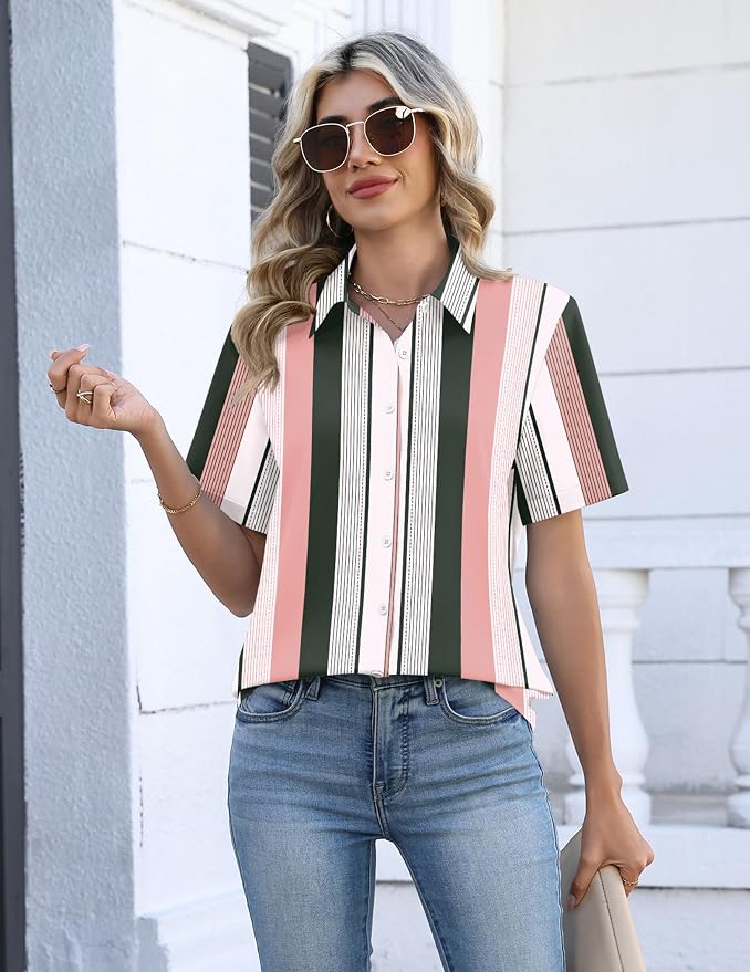 Zeagoo Button Down Shirts for Women Short Sleeve Collared Tops Dressy Casual V Neck Blouses
