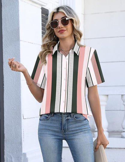 Zeagoo Button Down Shirts for Women Short Sleeve Collared Tops Dressy Casual V Neck Blouses