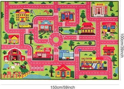 Kids Carpet Playmat Rug 59"x39.4", Car Rug for Kids Cars, Non-Slip Town City Road Map Kids Rug for Playroom Bedroom Boys, Kids Car Mat Road Rug, Track Rug Car Play Rug for Kids (59X39.4 INCH-Pink)