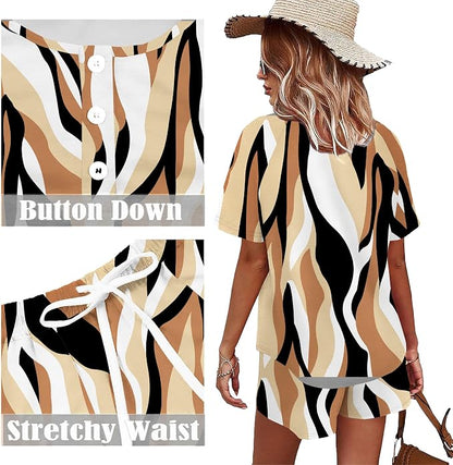 WIHOLL Two Piece Outfits for Women Lounge Sets Button Down Top and Shorts Set Sweatsuits with Pockets