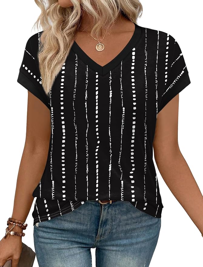 WIHOLL Womens Summer Tops 2026 Cap Short Sleeve Shirs V Neck T Shirts Fashion Beach Vacation Clothes Color Block