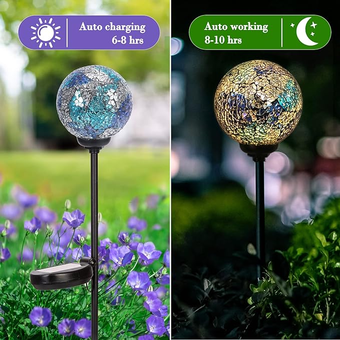 Solar Garden Lights Outdoor Decorative - Solar Gazing Ball Mosaic Garden Stakes Decorative Waterproof Outdoor Lights for Pathway Yard Lawn Decoration Blue