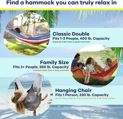 Handwoven Hammock by Yellow Leaf Hammocks - Family Size, Fits 2+ PPL, 550lb max - Weathersafe, Super Strong, Easy to Hang, Ultra Soft, Artisan Made - Color: Red - Orange