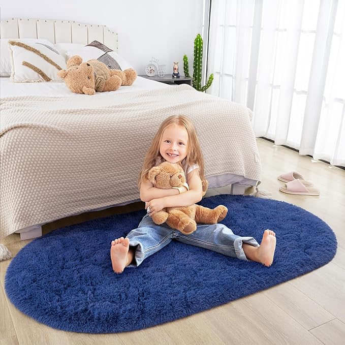 Merelax Soft Shaggy Rug for Kids Bedroom Oval 2.6'x5.3' Light Navy Plush Fluffy Carpet for Living Room, Furry Carpet for Teen Girls Room, Anti-skid Fuzzy Comfy Rug for Nursery Decor Cute Baby Play Mat