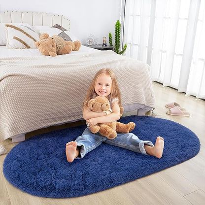 Merelax Soft Shaggy Rug for Kids Bedroom Oval 2.6'x5.3' Light Navy Plush Fluffy Carpet for Living Room, Furry Carpet for Teen Girls Room, Anti-skid Fuzzy Comfy Rug for Nursery Decor Cute Baby Play Mat