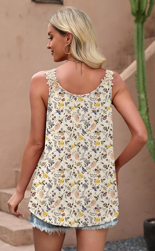 OFEEFAN Tank Top for Women Loose Fit Crew Neck Sleeveless Shirts Strap Lace Camisole Chiffon Summer Tops Curved Hem