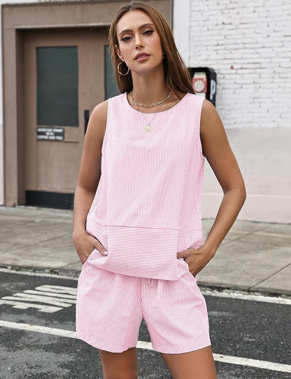 LOMON Women's Trendy 2 Piece Outfits Shorts Sets Summer Crew Neck Sleeveless Tank Top and Bottom Matching with Pockets 2026