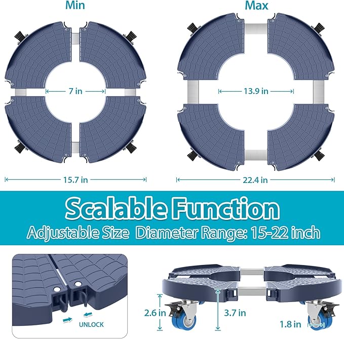 VANCASTLE Plant Caddy with Lockable Wheels Heavy Duty 450lbs Capacity, 15-22 Inch Adjustable Plant Stand with Wheels Rolling base, Plant Dolly for Flower Pot Mover Indoor Outdoor, Blue, 2 Pack
