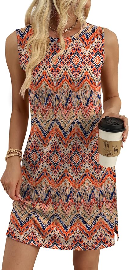 WIHOLL Casual Dresses for Women Crewneck Sleeveless Tank Dress Summer Spring Boho Vacation Clothes
