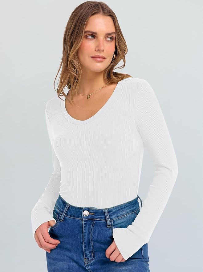 ANRABESS Long Sleeve V Neck Shirts for Women | Soft Comfy Ribbed Knit Fitted Tshirts, Casual Going Out Tops, 2026 Trendy Basic, Fall Winter Underscrub Layering Clothes