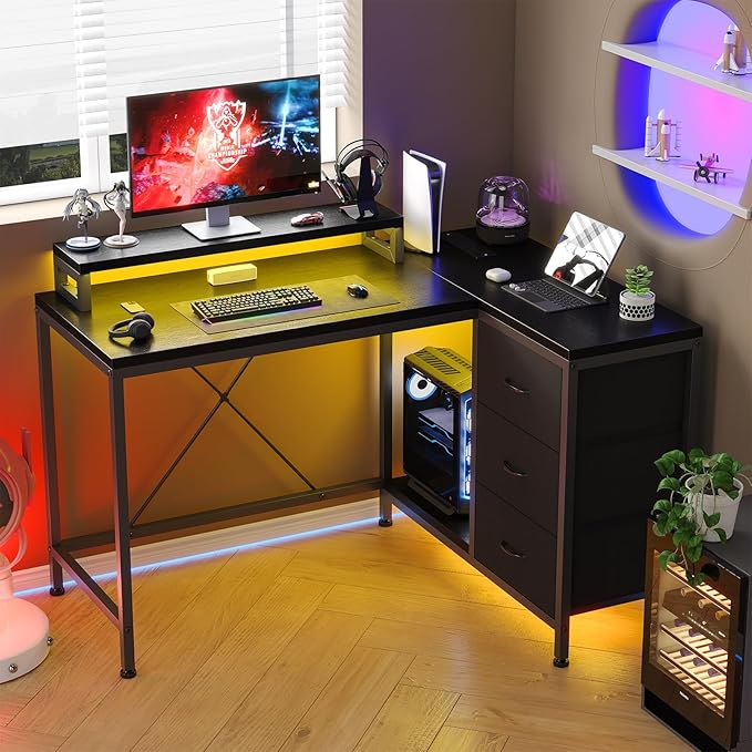 L Shaped Desk with Power Outlets & LED Lights, Computer Desk with Drawers & Shelves, Corner Desk Gaming Desk Home Office Desk, Black