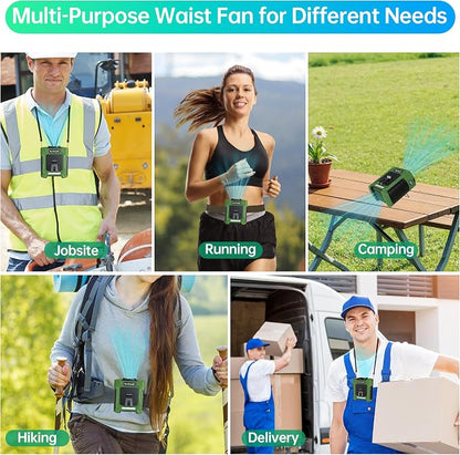 Waist Fan, 10000mAh Rechargeable Belt Clip Fan, 59ft/s Turbo Airflow, 18500RPM 6-Speed, Up to 35H, 8-in-1 Hands-Free Personal Fan with Bottom Air Intake, LED SOS Light for Travel, Camping, Daily Use