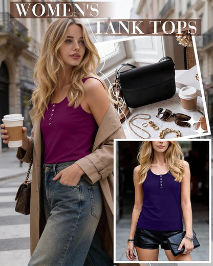 Ficerd 3 Pack Women's Henley Tank Tops Sleeveless Button Down Summer Shirts 2026 Casual Trendy Loose U Neck Tee Blouses