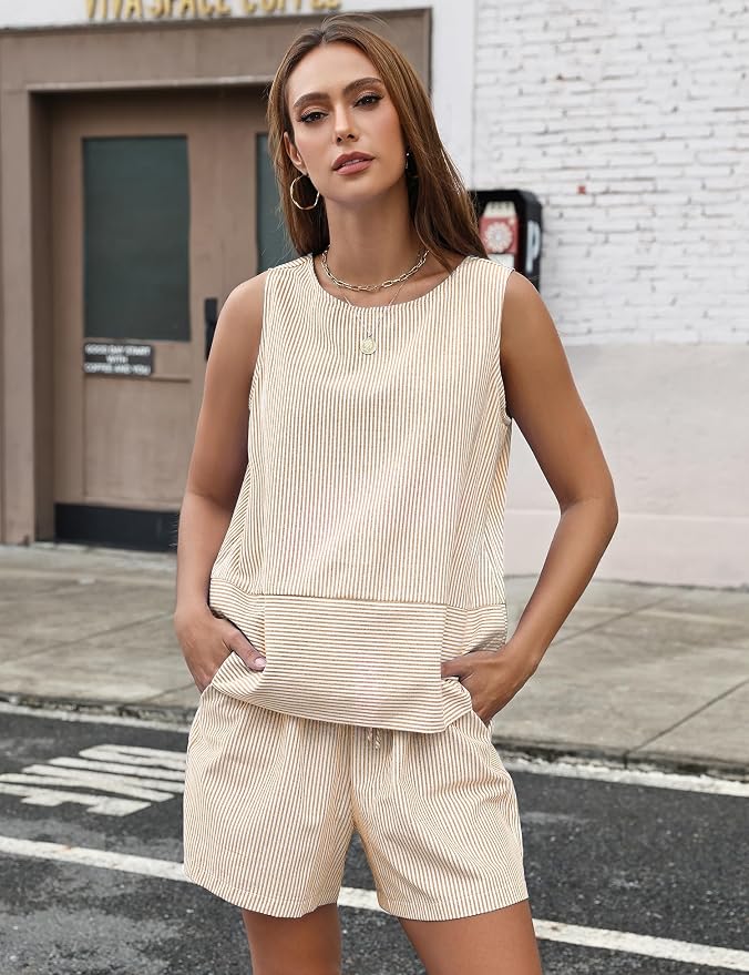 LOMON Women's Trendy 2 Piece Outfits Shorts Sets Summer Crew Neck Sleeveless Tank Top and Bottom Matching with Pockets 2026