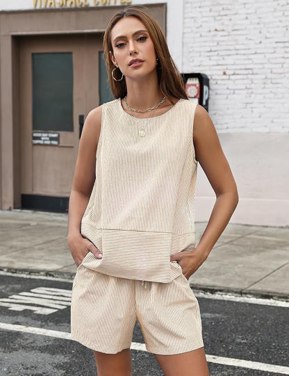 LOMON Women's Trendy 2 Piece Outfits Shorts Sets Summer Crew Neck Sleeveless Tank Top and Bottom Matching with Pockets 2026
