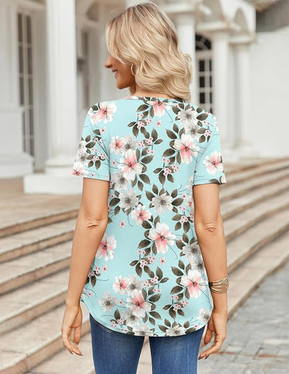 Zeagoo Womens Short Sleeve Tops Summer Henley V-Neck Tshirts Casual Pleated Blouse Dressy Loose Floral Basic Tee