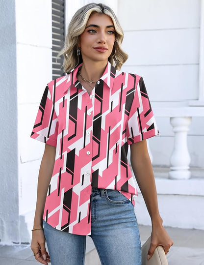 Zeagoo Button Down Shirts for Women Short Sleeve Collared Tops Dressy Casual V Neck Blouses