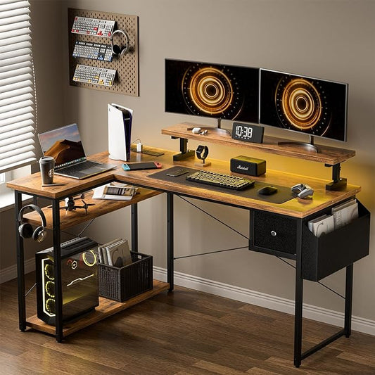 47 inch L Shaped Desk, Computer Desk, Adjustable Stand Office Desk, Power Outlets & Storage Drawer, Reversible Computer Desk with Shelves & Headset Hooks