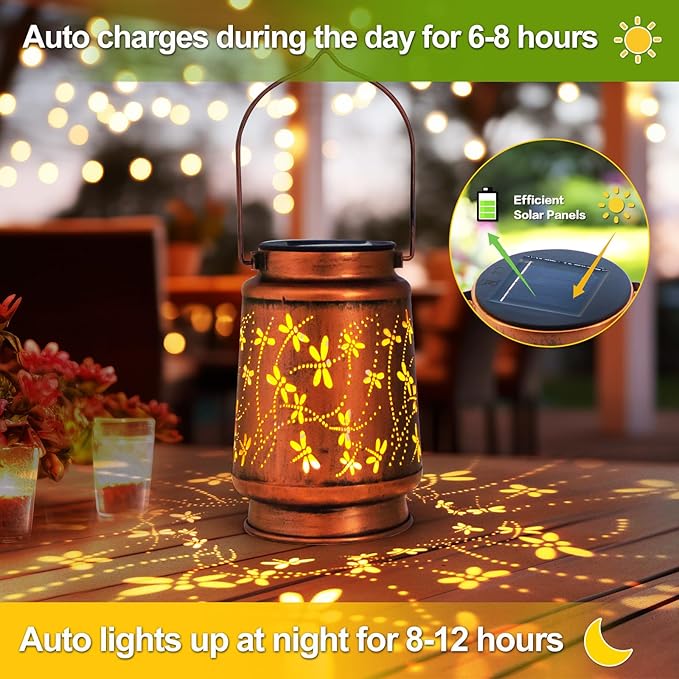 Dragonfly Birthday Gifts for Women Mom Grandma Solar Lanterns Outdoor Waterproof Garden Decor Metal Hanging LED Decorative Light for Patio Yard Lawn Backyard Front Porch Gardening Gifts