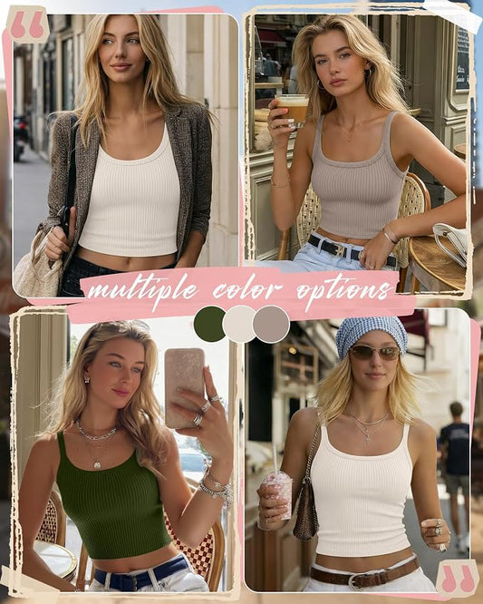 Ficerd 3 Pack Women's Tank Tops 95% Cotton Spaghetti Strap Ribbed Crop Camisole Slim Fitted Basic Summer Sleeveless Layer