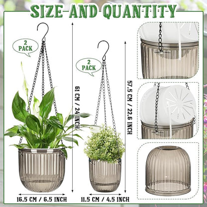 Maxcheck 4 Pcs Self Watering Hanging Planters Indoor Gift 6.5'' 4.5'' Hanging Flower Pots Baskets Outdoor Self Watering Plant with 3hooks Drainage Holes for Home(Gray)