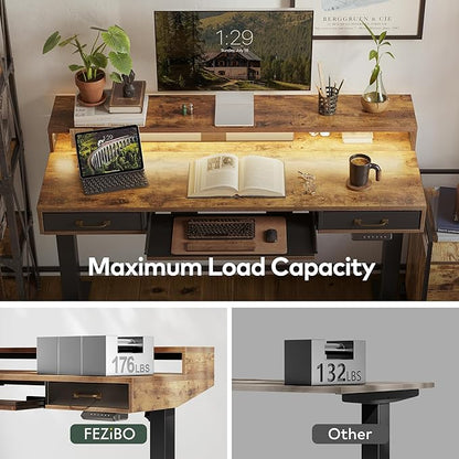 FEZIBO 55 x 24 Inch Height Adjustable Electric Standing Desk with Double Drawers&Keyboard Tray, Stand Up Desk with LED Strips, Sit Stand Desk with Monitor Stand, Rustic Brown