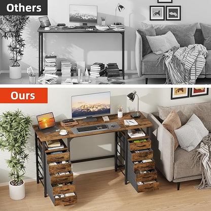 Desk with 10 Fabric Drawers Classified Organizer - 55"/140 Office Desks with Ample Storage, Computer Work Desk Study Writing Table Workstation for Home Office Space Brown