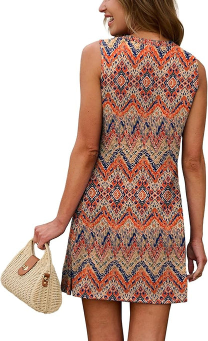 WIHOLL Casual Dresses for Women Crewneck Sleeveless Tank Dress Summer Spring Boho Vacation Clothes