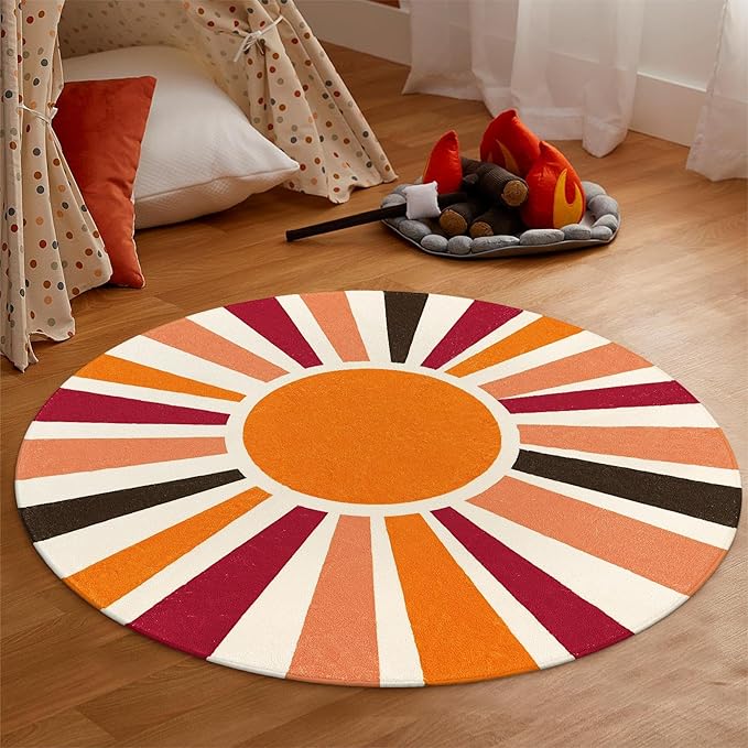 Round Washable Rug 4 Ft Small Round Rug for Kids Room, Orange Sun Circle Rug for Playroom, Non-Slip Circular Office Carpet Soft Rainbow Rug for Bedroom Reading Corner Dorm