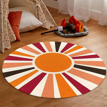 Round Washable Rug 4 Ft Small Round Rug for Kids Room, Orange Sun Circle Rug for Playroom, Non-Slip Circular Office Carpet Soft Rainbow Rug for Bedroom Reading Corner Dorm