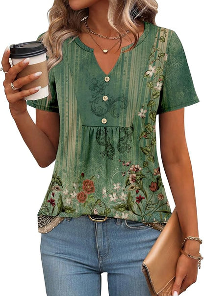 Zeagoo Womens Short Sleeve Tops Summer Henley V-Neck Tshirts Casual Pleated Blouse Dressy Loose Floral Basic Tee