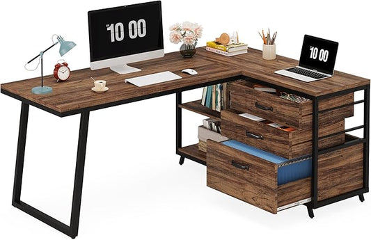 Reversible 53-inch L Shaped Desk with 3 Drawer, Farmhouse Corner Desk Gaming Table with Shelves and File Cabinet for Letter Size & Legal Size File for Home Office and Small Space