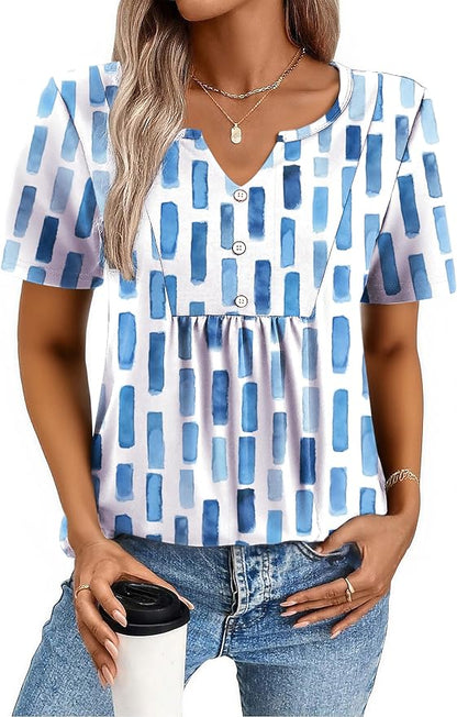 Zeagoo Womens Short Sleeve Tops Summer Henley V-Neck Tshirts Casual Pleated Blouse Dressy Loose Floral Basic Tee