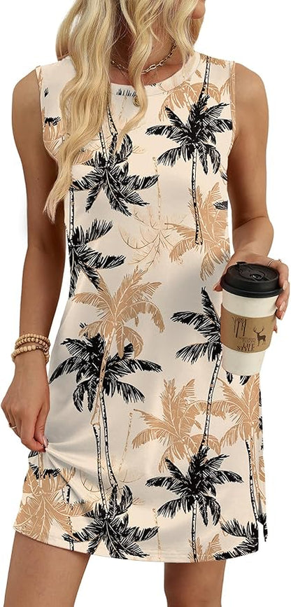 WIHOLL Casual Dresses for Women Crewneck Sleeveless Tank Dress Summer Spring Boho Vacation Clothes