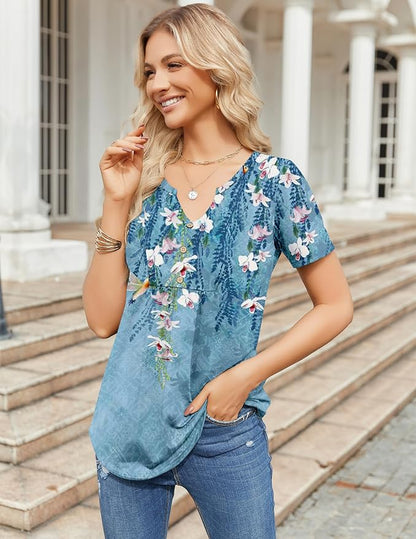 Zeagoo Womens Short Sleeve Tops Summer Henley V-Neck Tshirts Casual Pleated Blouse Dressy Loose Floral Basic Tee