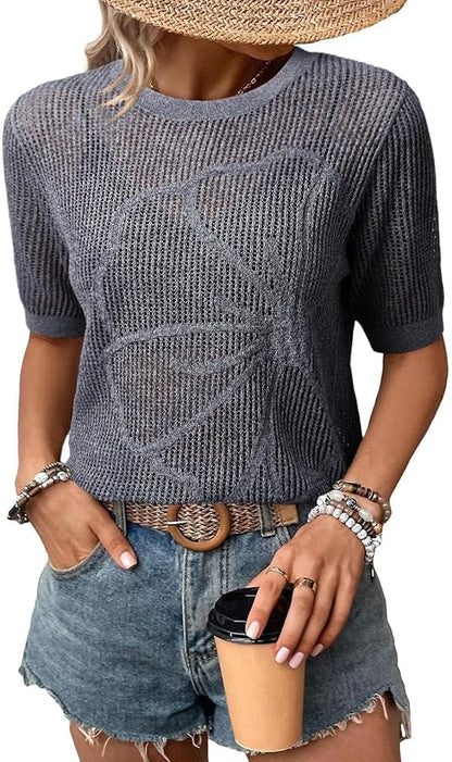 Dokotoo Womens Summer Short Sleeve Crochet Tops Hollow Out Floral Sweaters Beach Vacation Cruise Outfits