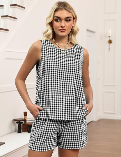LOMON Women's Trendy 2 Piece Outfits Shorts Sets Summer Crew Neck Sleeveless Tank Top and Bottom Matching with Pockets 2026