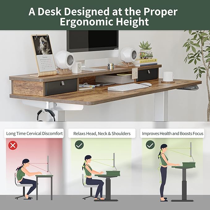 FEZIBO 60 x 24 Inch Height Adjustable Electric Standing Desk with Double Drawer, Stand Up Desk with Storage Shelf, Sit Stand Desk, Light Rustic