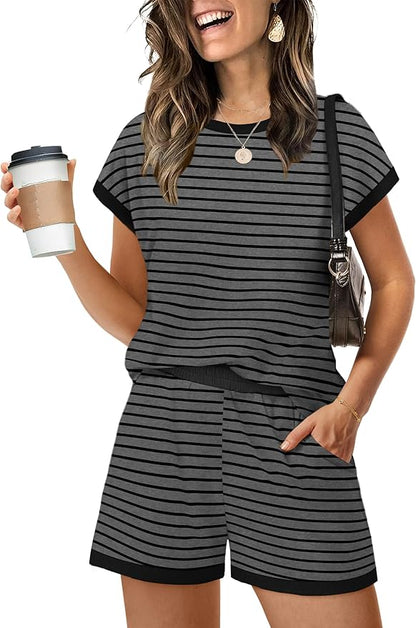 WIHOLL Two Piece Sets for Women Summer Lounge Short Sets Cap Sleeve Crew Neck Sweatsuit with Pocket XS-2XL