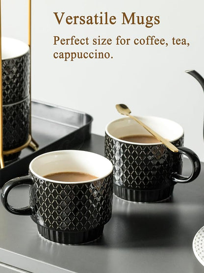 Gomakren Coffee Mugs Set of 4, 13oz Stackable Coffee Cups with Stand, Black | Gloss Embossed Stoneware, Gold Rack & Spoons | for Coffee, Milk, Tea, Cocoa, Daily & Gifting Use | Microwave/Dishwasher Safe