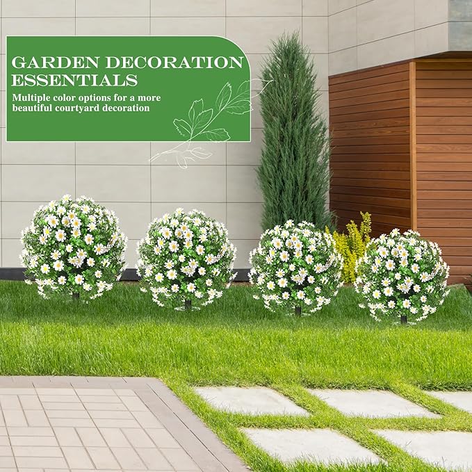 Artificial Topiary Bushes for Outdoors with Spike, Boxwood Ball Fake Shrubs UV Resistant Faux Plants for Indoor Outdoor Fall Thanksgiving Halloween Decor (Sunflower Boxwood White -2 Packs)