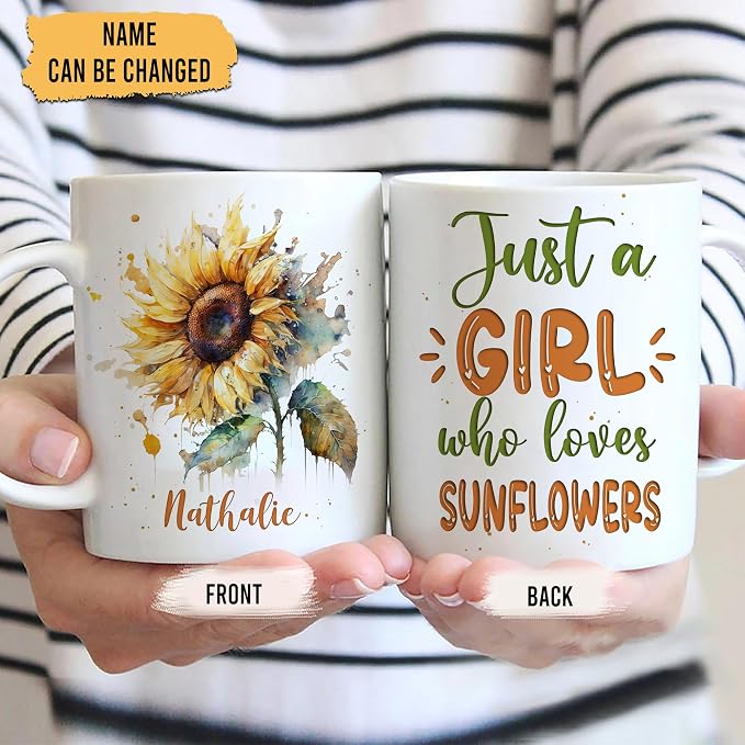 Hyturtle Personalized Gifts Sunflower Lover - Just A Girl Who Loves Sunflowers Custom Name Ceramic Coffee Mug Cup 11oz - Perfect Idea Gifts For Women, Girl Daughter On Birthday, Christmas