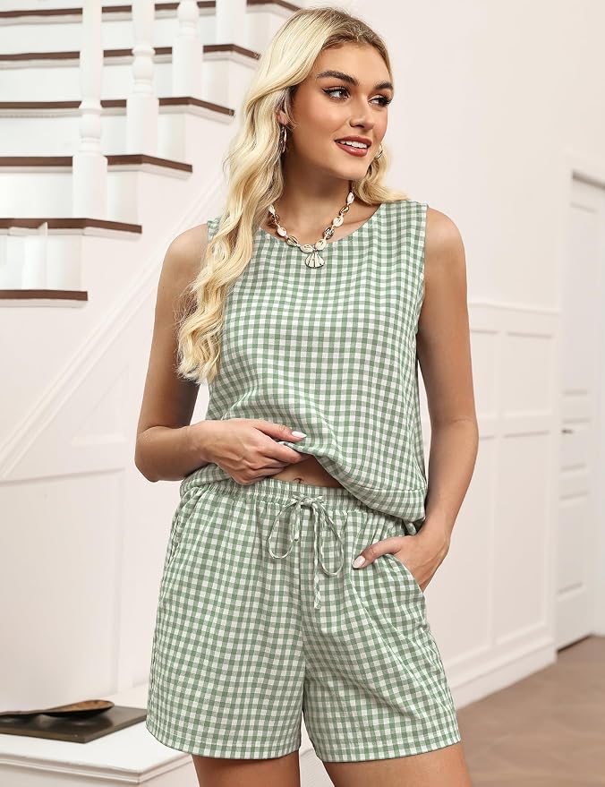 LOMON Women's Trendy 2 Piece Outfits Shorts Sets Summer Crew Neck Sleeveless Tank Top and Bottom Matching with Pockets 2026