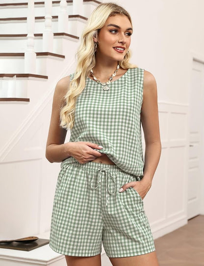 LOMON Women's Trendy 2 Piece Outfits Shorts Sets Summer Crew Neck Sleeveless Tank Top and Bottom Matching with Pockets 2026
