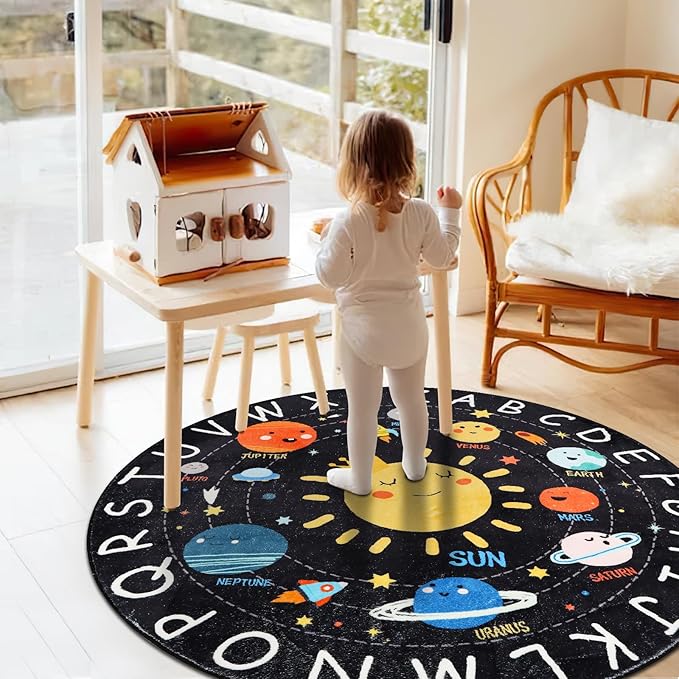Round ABC Kids Rug,4 Ft Soft Circle Alphabet Playroom Rug,Washable Non-Slip Solar System Kids Play Rug,Space Educational Rug Kids Carpet for Classroom Playroom Bedroom Kids Room Decor