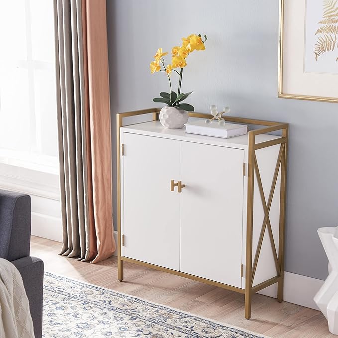 Leick Home 9200-WTGL Claudette Mixed Metal and Wood Foyer Hall Cabinet, White/gold